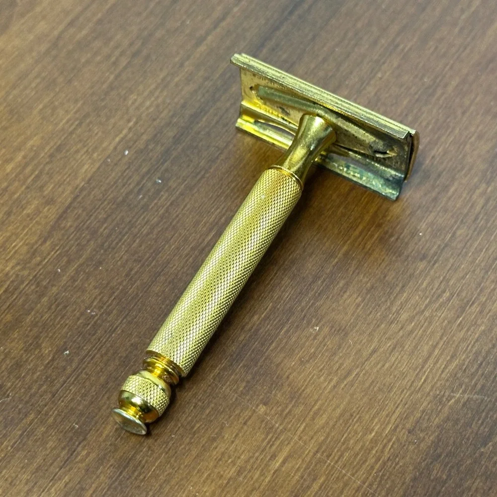 Vintage Gillette Tech Safety Razor Gold Tone 3 Piece Made in USA